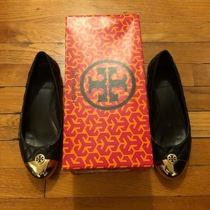 Tory Burch Black Leather and Gold Ballet Flats